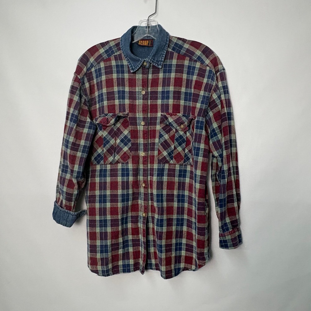 Vtg 90s Faded Glory Plaid Flannel Shirt Denim Collar Red Blue Green XL Grunge
